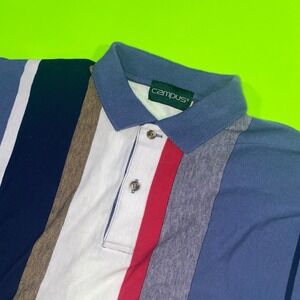 Campus Mens Multi Color Vertical Striped Polo Shirt Short Sleeve Size M Blue Red
